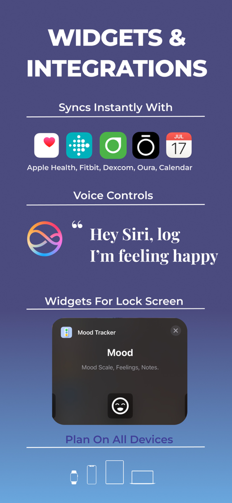 Mood Tracker Journal - Mood Tracker Journal app showing integrations with Apple Health and Fitbit along with Siri voice control and lock screen widgets.
