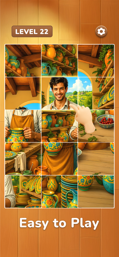 Daily Jigsaw - Zen Puzzles - A jigsaw puzzle game screen showing a smiling craftsman in a pottery shop with ceramic vases and plates.