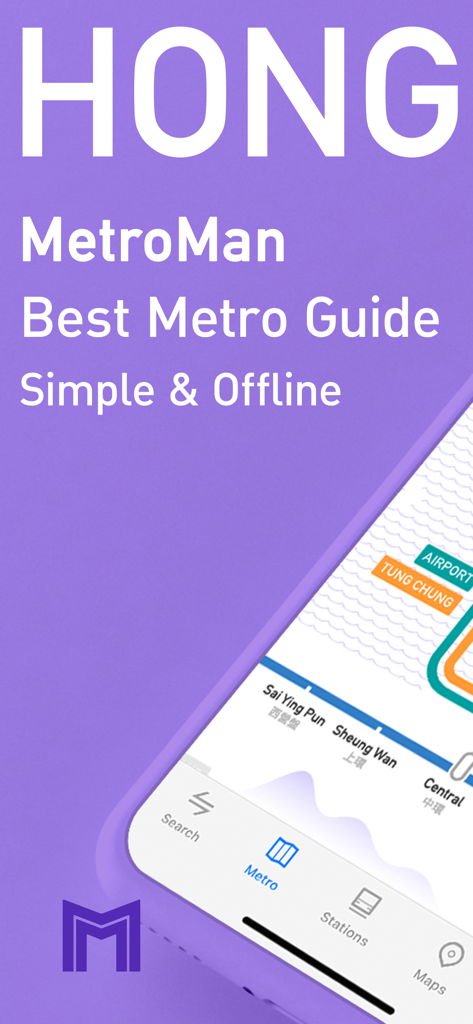 MetroMan Hong Kong - MetroMan Hong Kong app interface showing an offline subway map and route navigation