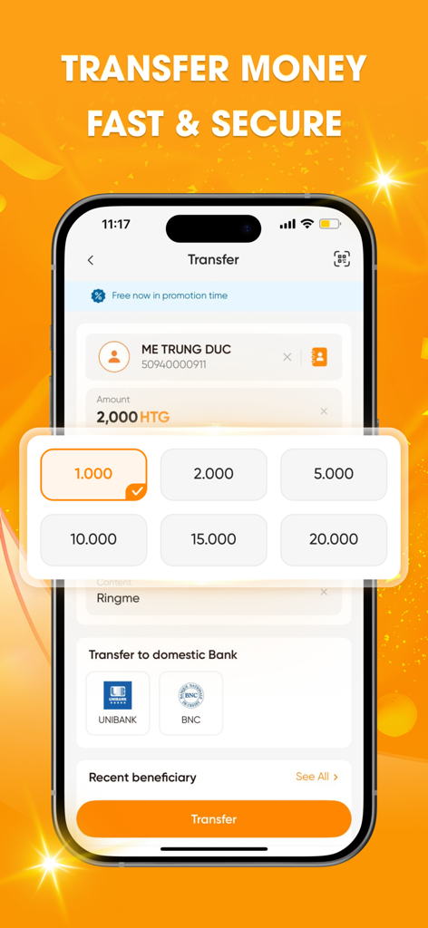 A smartphone screen displaying the Natcash app transfer page with options to send money in Haitian Gourde to local banks and contacts.