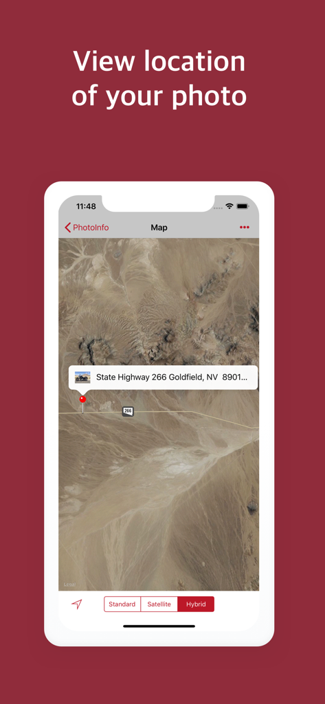 PhotoInfo -EXIF,GPS,remove GPS - Screenshot of PhotoInfo app showing a photo location on a satellite map with a pin at Goldfield Nevada.