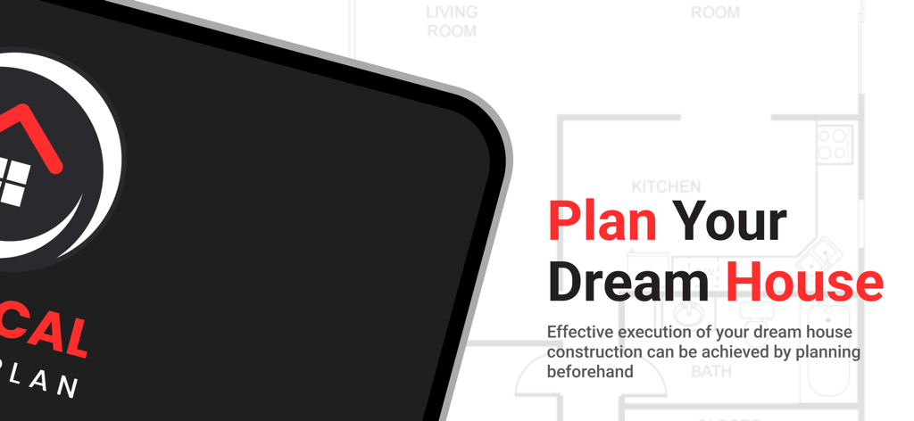 Magical Floor Planner | Design - 家のレイアウト設計図の上に「理想の家を計画しよう」というスローガンが表示されたMagical Floor Plannerアプリの画面