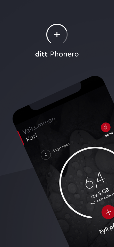 Ditt Phonero mobile application dashboard displaying data consumption status