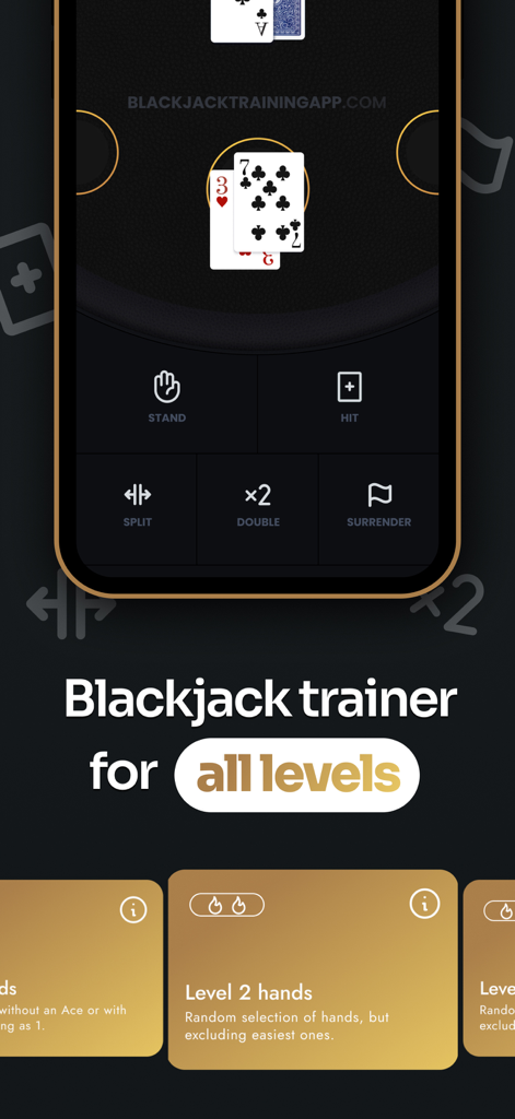 Blackjack Apprenticeship BJ 21 - ブラックジャック トレーナーアプリのインターフェース、カードハンドとヒット、スタンド、ダブルなどのゲームオプション、レベル選択カードを表示