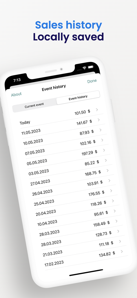 Tela de histórico de vendas no aplicativo Register Helper mostrando uma lista de eventos de vendas passados e totais.