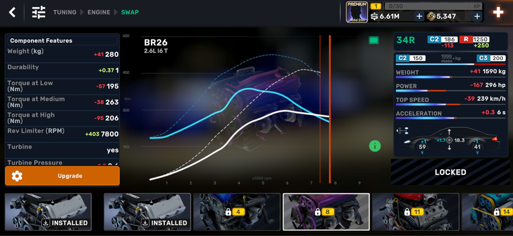 CarX Street mobile game engine swap interface showing detailed performance graphs and technical tuning specifications for a 2.6L I6 T engine.