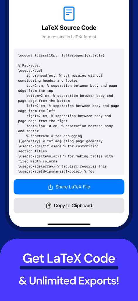 CV Maker - PDF + LaTeX - Interface of the CV Maker app showing the LaTeX source code of a resume with share and copy options