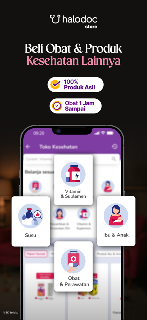 Halodoc mobile app interface showing health product categories like medicine vitamins and mother and child care