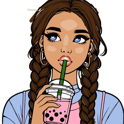 realistic girl with braided hair drinking boba