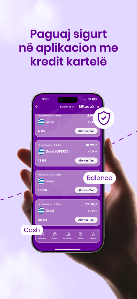 Kudo eSIM - Kudo eSIM mobile app screen showing data packages for Greece and secure credit card payment.