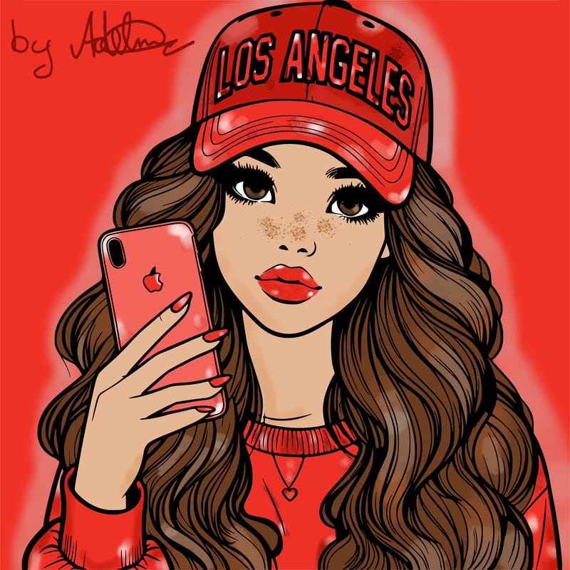 realistic beautiful girl wearing los ángeles cap holding an iphone