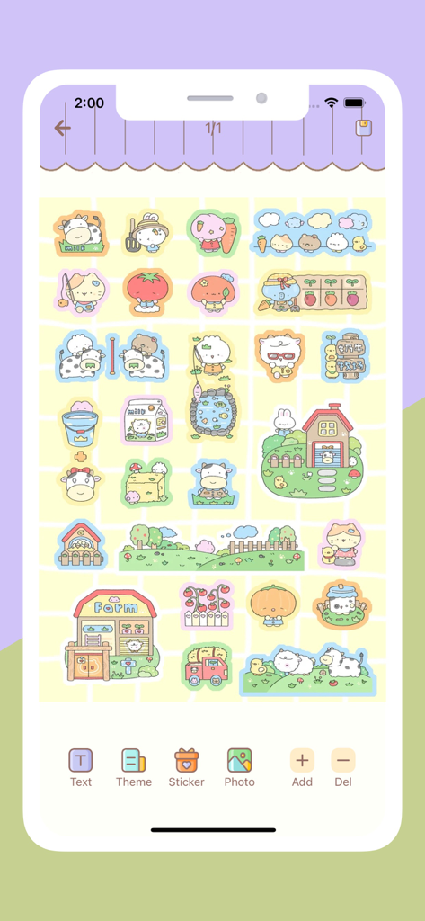 Una colección de lindas pegatinas digitales con temática de granja en la interfaz de la aplicación Journal X