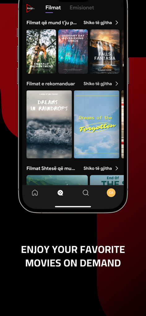 KUGO.TV - Interfaz de la aplicación de streaming KUGO.TV mostrando una selección de películas albanesas y film en demanda