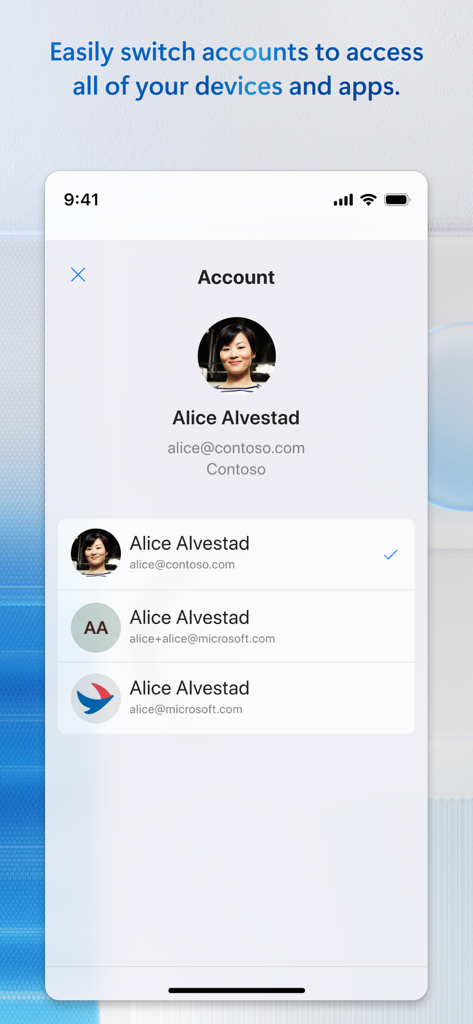 さまざまなユーザー アカウントを切り替えるオプションが表示されている Windows App Mobile のモバイル インターフェイス。