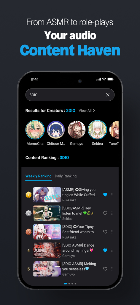 R-PLAY - R-PLAY app screen displaying ASMR and audio content rankings with creator profiles.