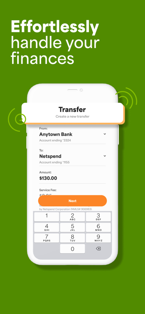 Netspend Wallet mobile app interface showing a money transfer between bank accounts.