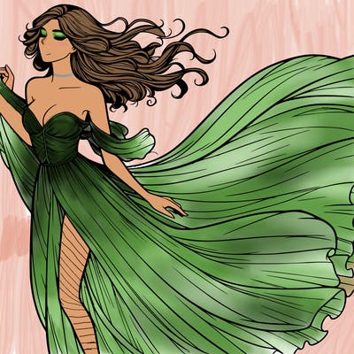 realistic woman in dress flowing the the wind