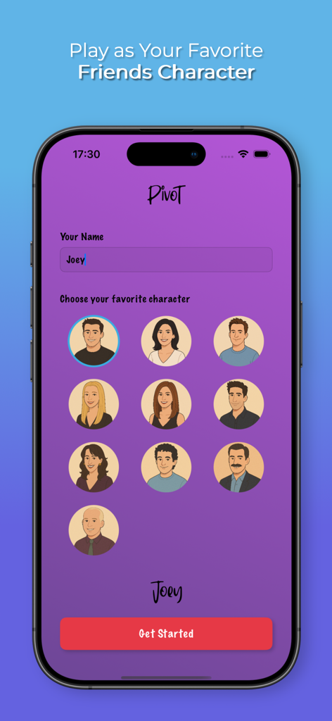 Character selection screen in the Pivot Friends Trivia app featuring avatars of the main cast