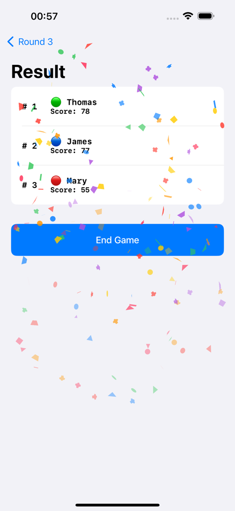 Sushi Go Score Tracker - Sushi Go Score Tracker results screen with animated confetti showing player rankings and scores