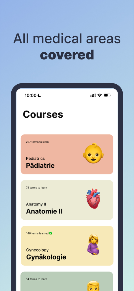Medical German Language - A mobile interface for Medical German Language showing courses in Pediatrics Anatomy and Gynecology