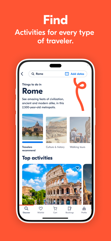GetYourGuide app screen displaying travel activities and top sights in Rome like the Colosseum