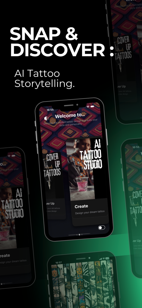 Tattoo Genie - AI Designer - Tattoo Genie app interface displaying AI tattoo design studio and cover up features