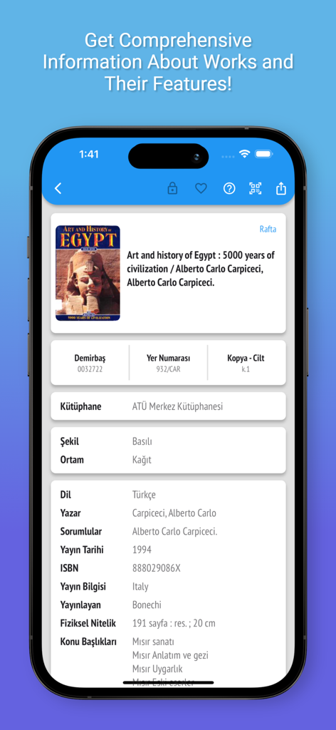 Cep Kütüphanem - Bildschirm der mobilen App mit detaillierten bibliografischen Informationen für ein Bibliotheksbuch, einschließlich Titel, Autor, ISBN und Regalstandort.