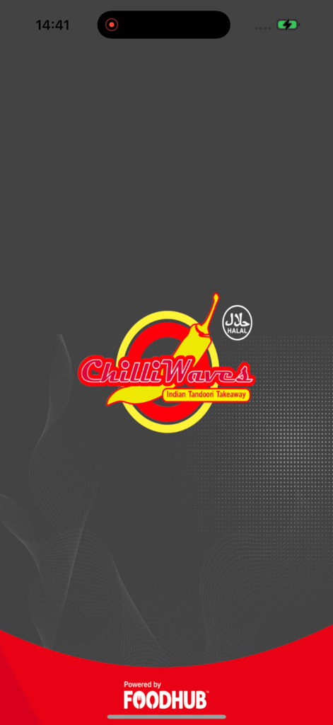 Chilli Waves South Queensferry - Splash screen of the Chilli Waves Indian Tandoori Takeaway app showing the logo and Foodhub partnership