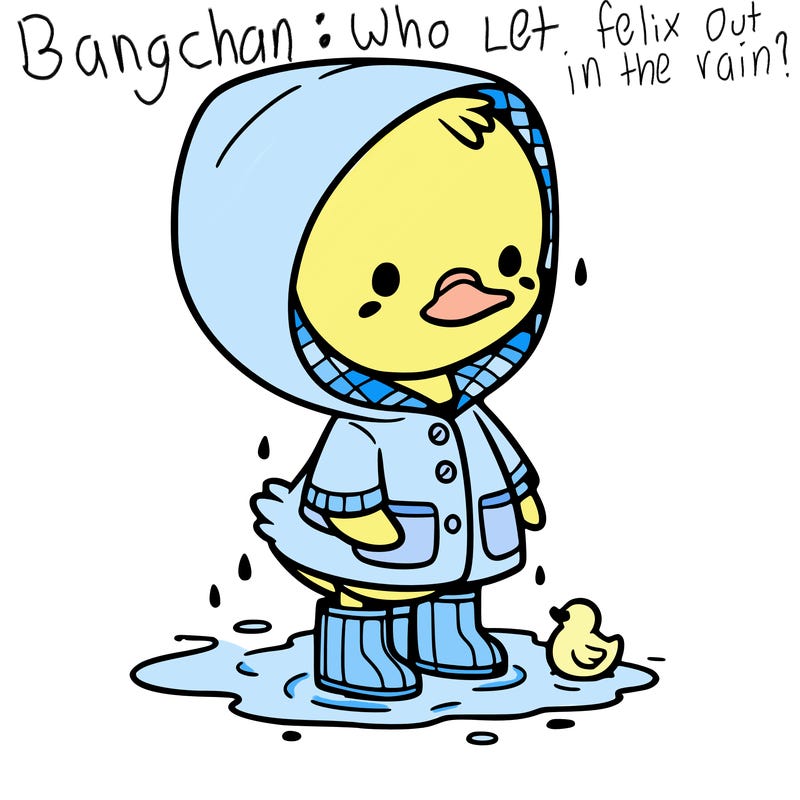 baby duck in a rain coat and boots, in a puddle while it’s raining