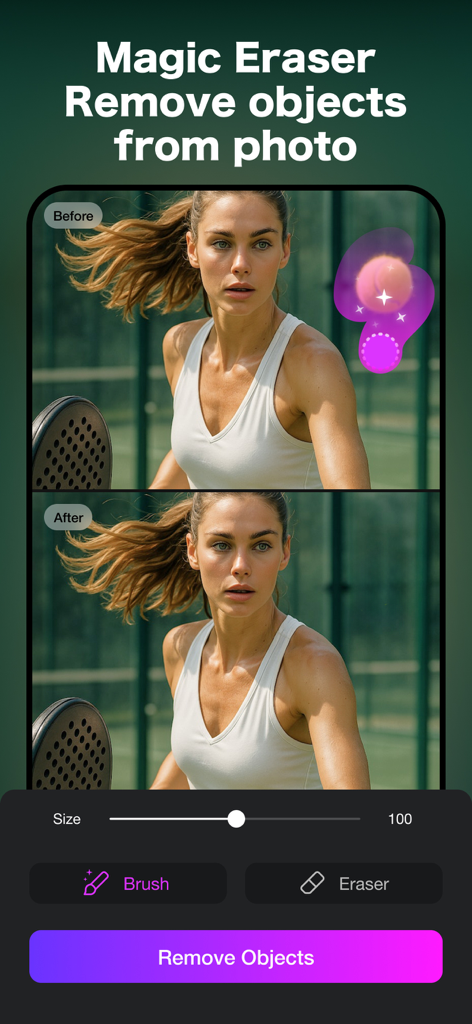 Picsoft AI Photo Editor - Picsoft KI-Fotobearbeitungs-Radiergummi-Werkzeug, das einen Vorher-Nachher-Vergleich der Objektentfernung aus einem Sportfoto zeigt