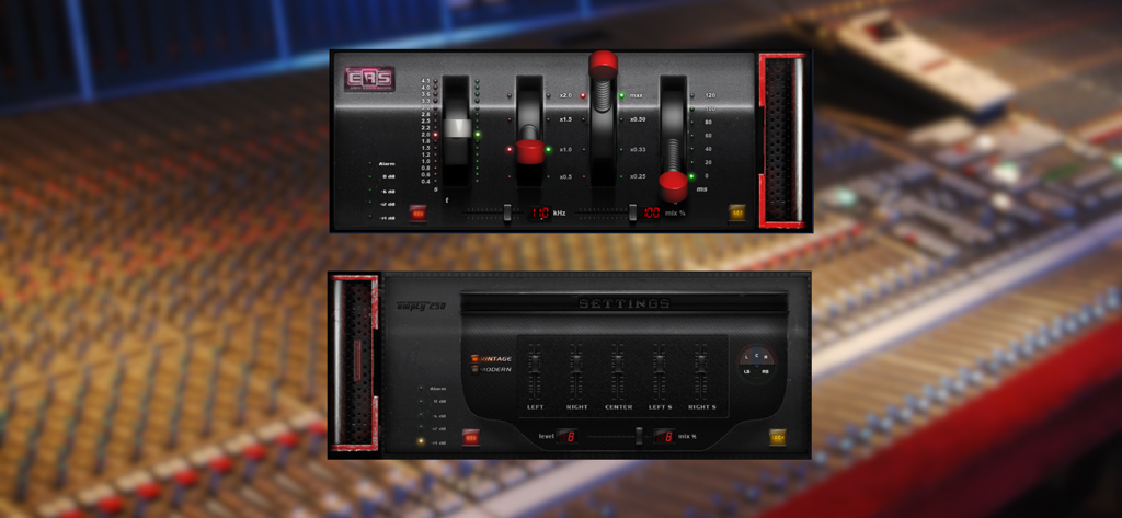 ERS_250 - A professional audio plugin interface featuring vintage and modern reverb settings with sliders for decay and frequency control
