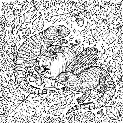 Immerse yourself in the enchanting world of autumn with this captivating coloring page featuring two unique armadillo lizards. Discover a detailed scene filled with seasonal delights, from plump pumpkins to scattered acorns, all waiting for your artistic touch.