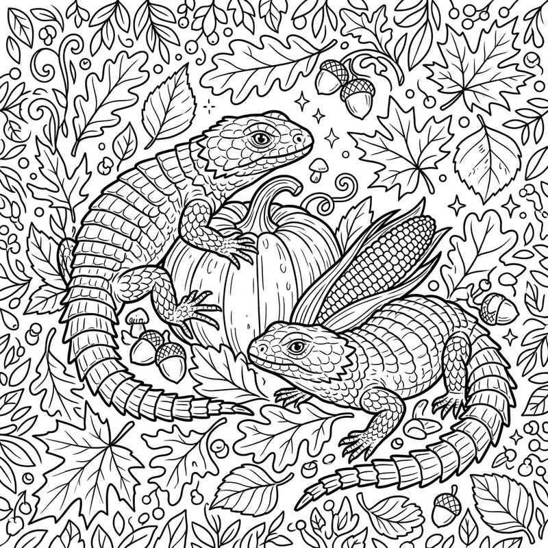 Immerse yourself in the enchanting world of autumn with this captivating coloring page featuring two unique armadillo lizards. Discover a detailed scene filled with seasonal delights, from plump pumpkins to scattered acorns, all waiting for your artistic touch.