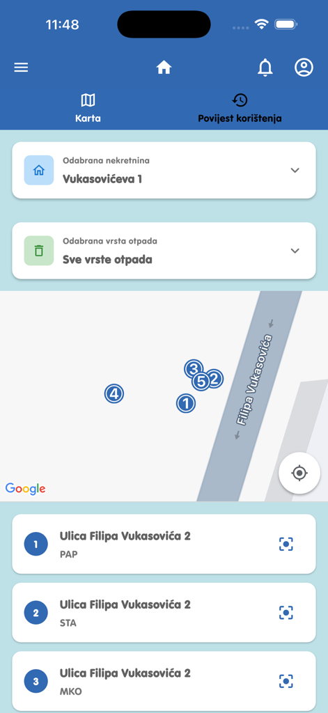OtključajZG - Interfaz de la aplicación OtključajZG que muestra un mapa de las ubicaciones de los contenedores de residuos en Zagreb.
