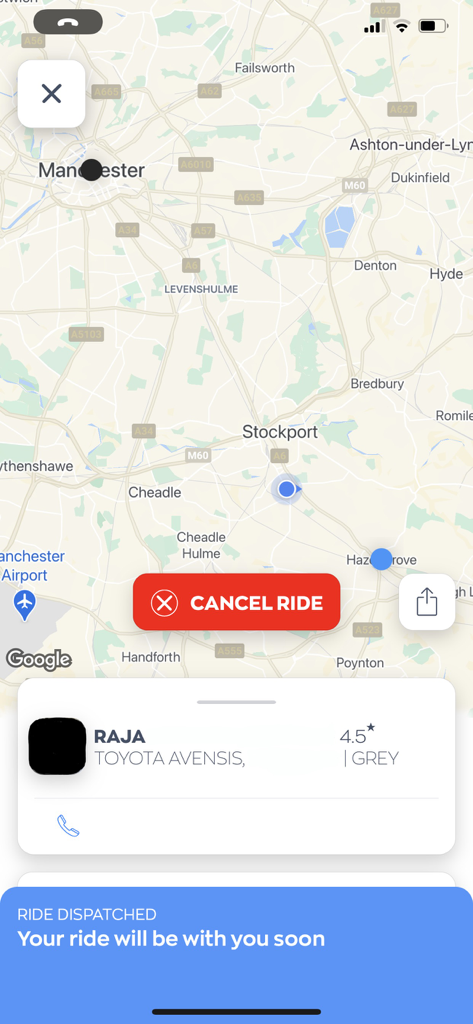 Yellow Cabs mobile app screen showing a dispatched ride with driver details and a map view.