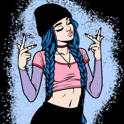 realistic teenage girl with braids and a beanie and crop top doing 🫶🏼