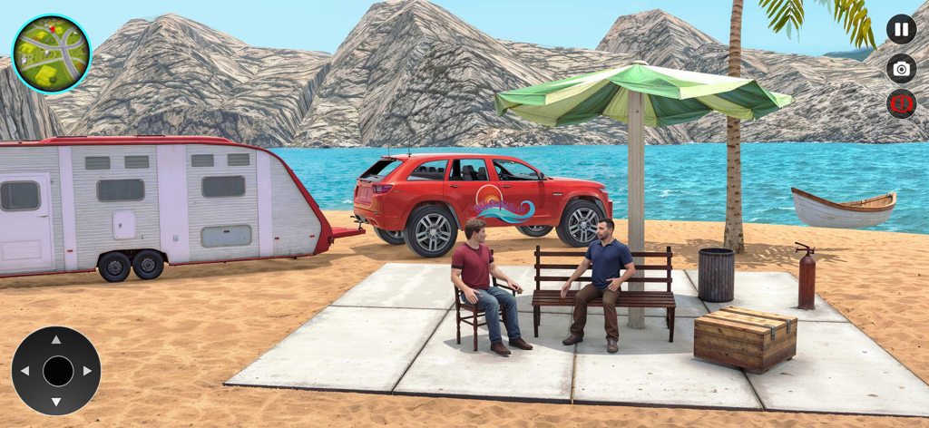 Van Life: Camping Game - Gameplay of Van Life Camping Game showing characters relaxing at a beach camp with an SUV and trailer