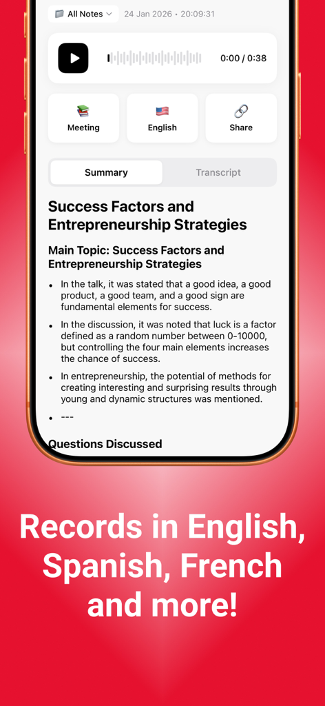 Nemo: AI Note Taker - Nemo app interface showing an AI summary of a meeting about entrepreneurship with a caption highlighting support for English, Spanish, and French.