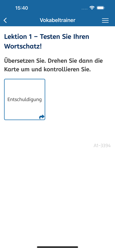 Bildschirm des Vokabeltrainers der A1-Deutsch-App mit einer deutschen Karteikartenübung für Lektion eins.