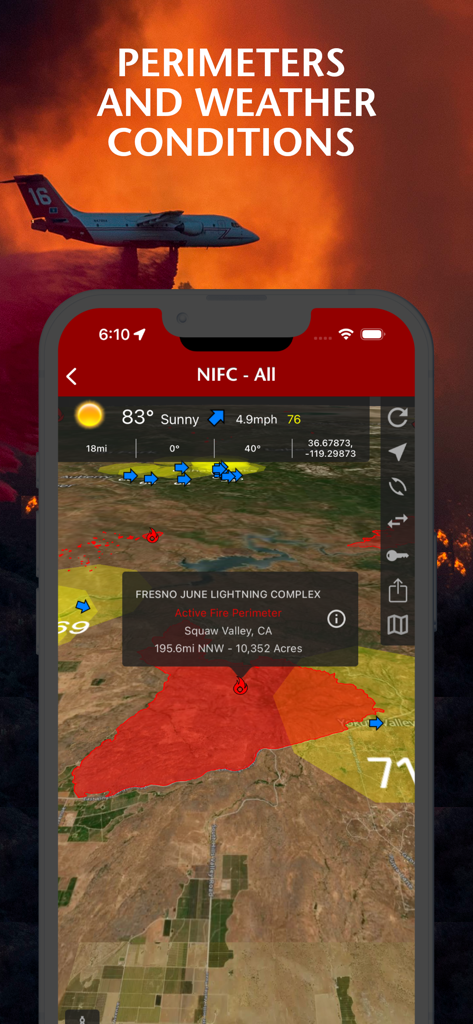 Fires: Wildfire News and Atlas - A smartphone screen displaying wildfire perimeters and weather conditions on a map from the Fires app