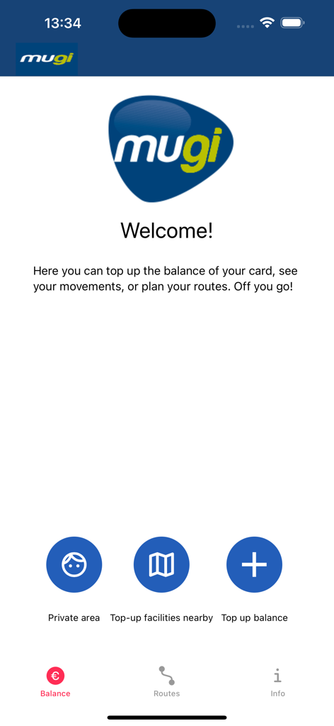 Mugi - ATTG - Mugi app welcome screen for public transport in Gipuzkoa showing options to top up balance and plan routes