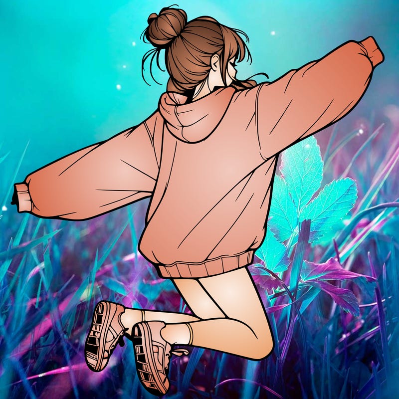 realistic girl jumping with a bun and oversized sweatshirt