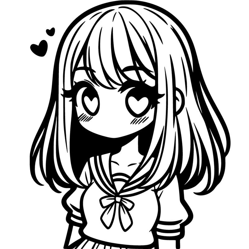 cute anime girl with shoulder length hair and straight fringe bangs and heart eye pupils