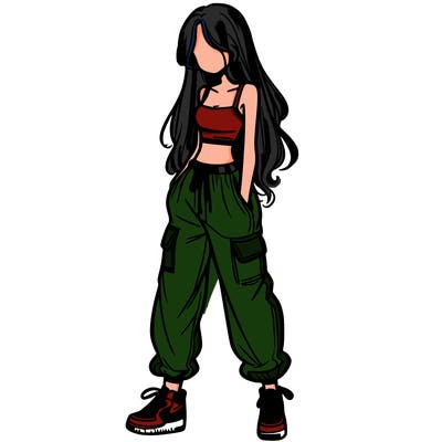 girl in baggy pants crop top and long hair