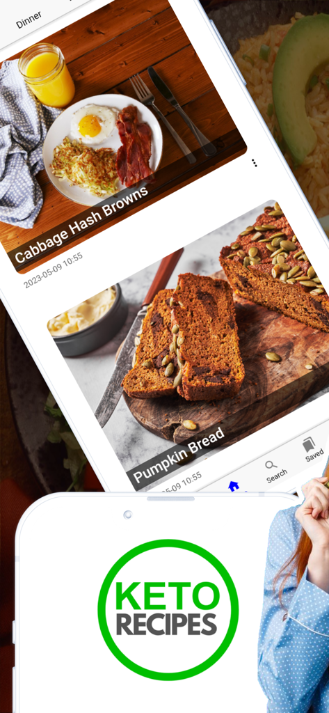 Keto Diet App: Recipes & Tools - A mobile interface for the Keto Diet App displaying low-carb recipes like cabbage hash browns and pumpkin bread