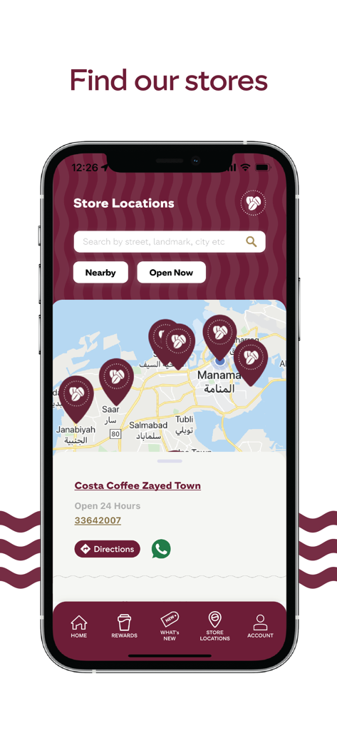 Costa Coffee Club BH - Mobile App-Oberfläche, die eine Karte mit Costa Coffee-Standorten in Bahrain und eine Suchleiste zur Suche nach Geschäften in der Nähe anzeigt
