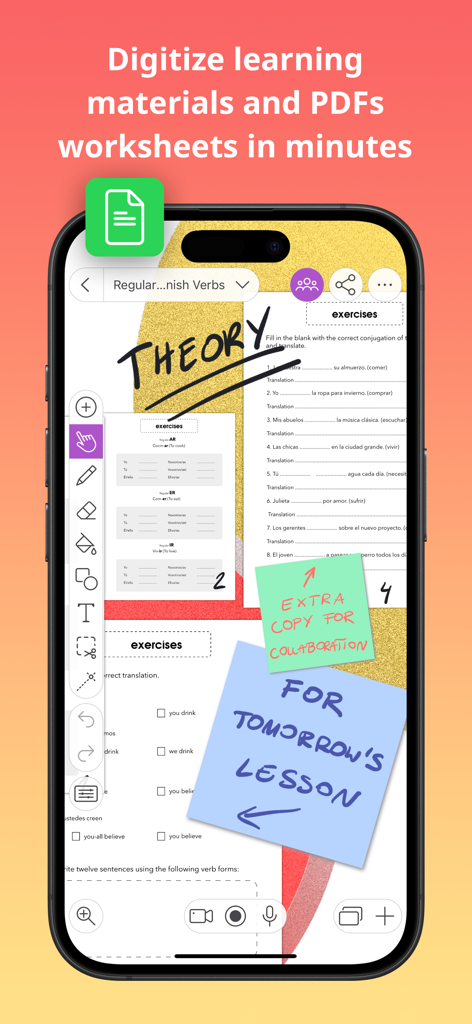 Explain Everything Whiteboard - Digital whiteboard interface showing digitized worksheets and teacher notes.