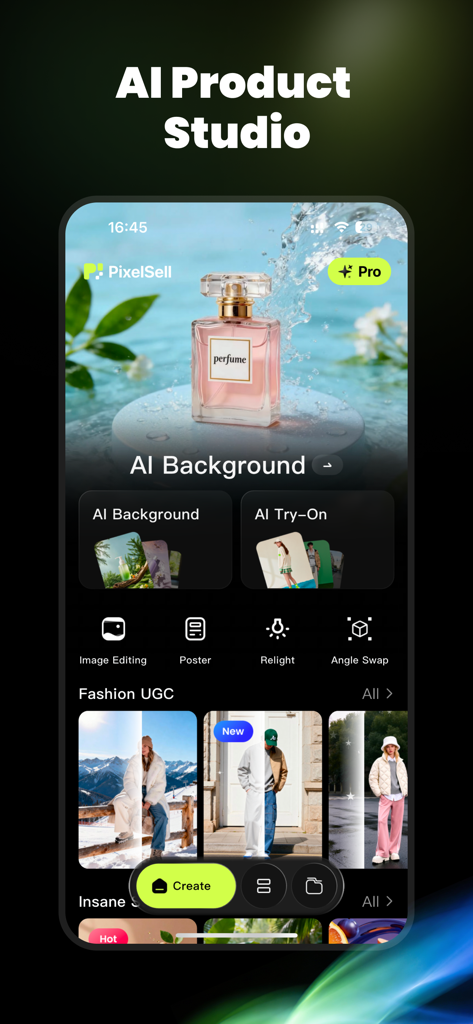PixelSell-AI E-commerce Studio - Interface of the PixelSell AI E-commerce Studio app featuring AI background and product editing tools