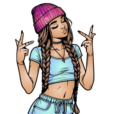 realistic teenage girl with braids and a beanie and crop top doing 🫶🏼
