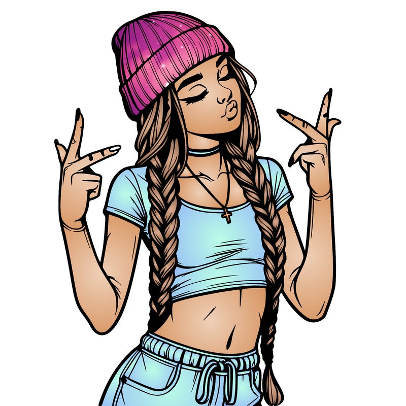 realistic teenage girl with braids and a beanie and crop top doing 🫶🏼